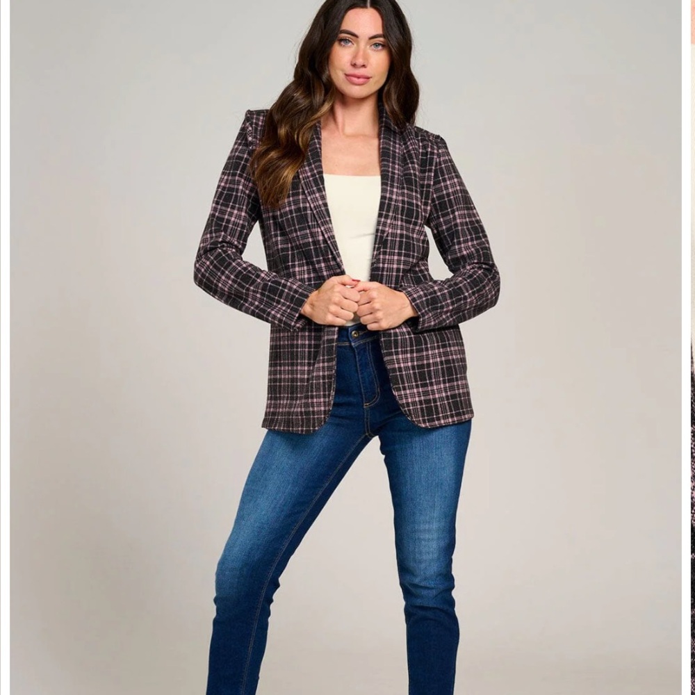 Plaid Blazer Jacket in Black and Pink - Women’s Tailored Suit Jacket